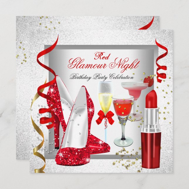 Glitter Red Glamor Night Silver Drinks Party Inbjudningar (Fram/baksida)