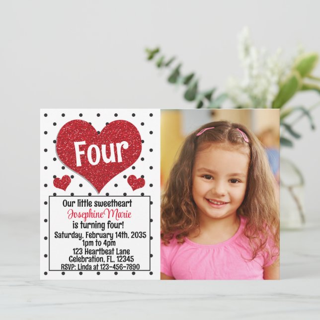Glitter Red Heart Swehoney any age Birthday Pic Inbjudningar (Stående Fram)