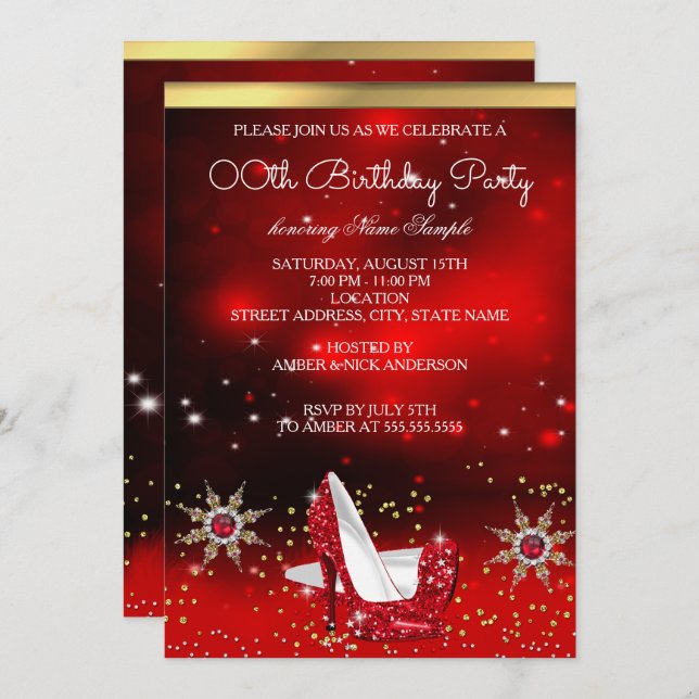 Glitter Red High Heel Shoes Guld Snowflake Party Inbjudningar (Fram/baksida)