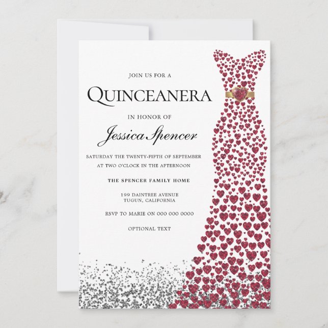 Glitter Red Kärlek Heart Dress Quinceanera Inbjuda Inbjudningar (Framsida)