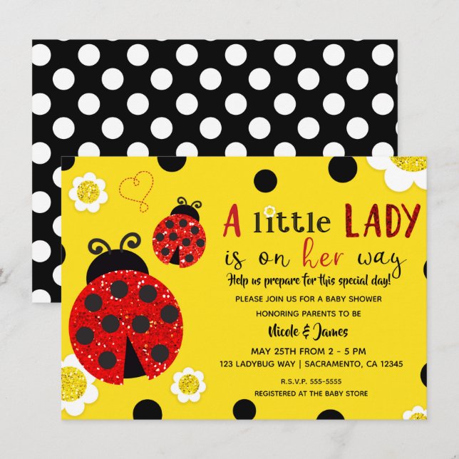 Glitter Red Ladybug Gula blommor Baby Shower Inv Inbjudningar (Fram/baksida)