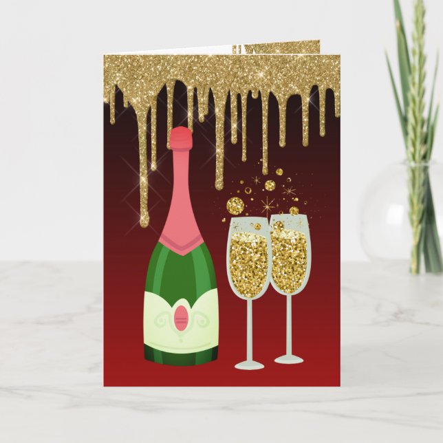 Glitter Red och Guld Champagne Jul Nya åren Helgkort (Framsida)