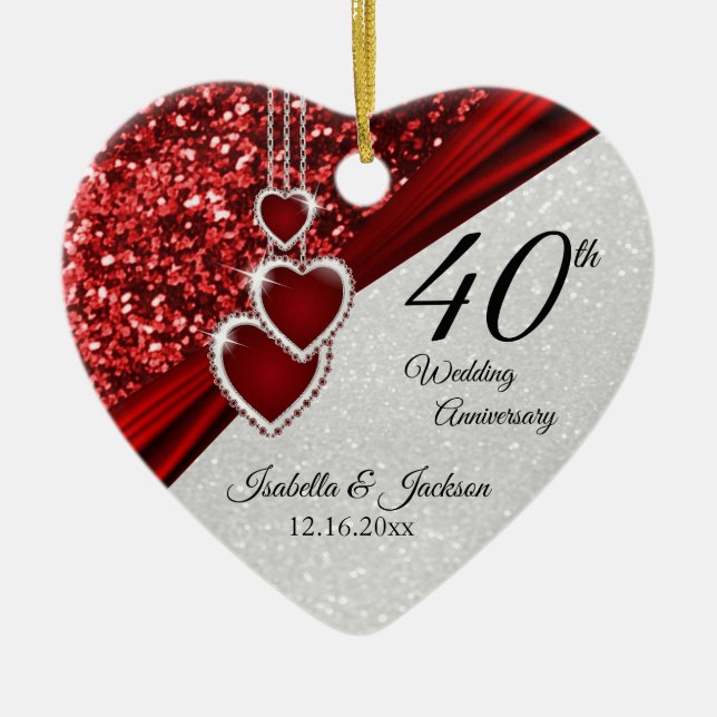 ⭐ Glitter Red Ruby 40-årsjubileum 💕 Keepsaké Julgransprydnad Keramik (Framsidan)