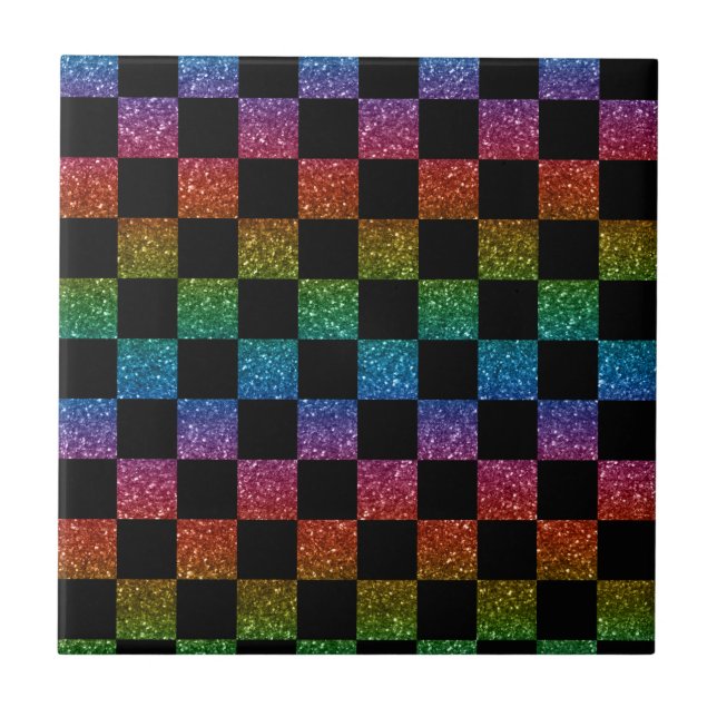 Glitter, regnbåge och svart schaktade mönster kakelplatta (Framsidan)