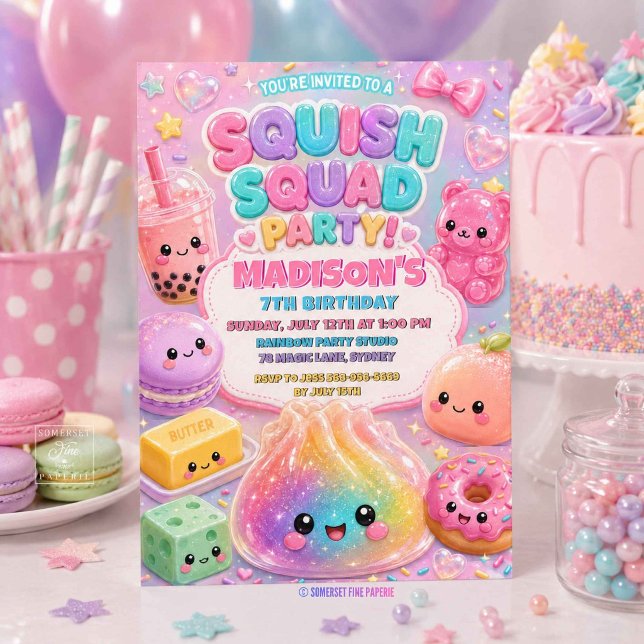 Glitter Regnbåge Squishy Födelsedagsfest Inbjudningar (Glitter Rainbow Squishy Birthday Party Invitation)