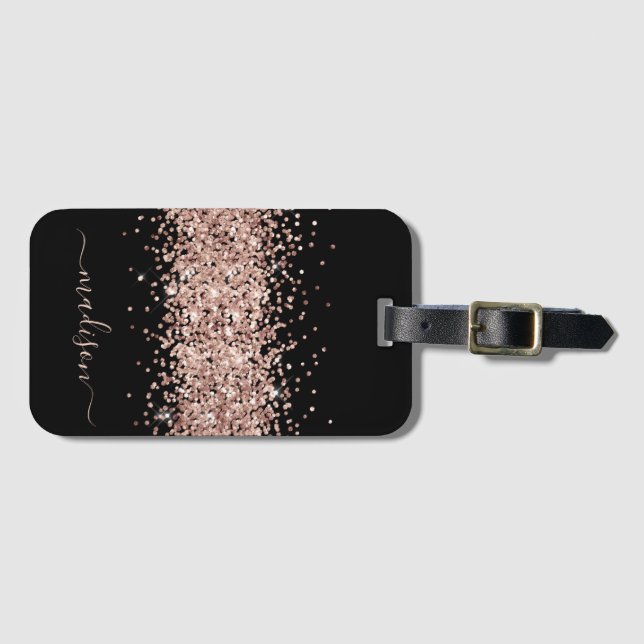 Glitter Ro Guld - Girly Gnistra Black Monogram Bagagebricka (Framsida horisontal)