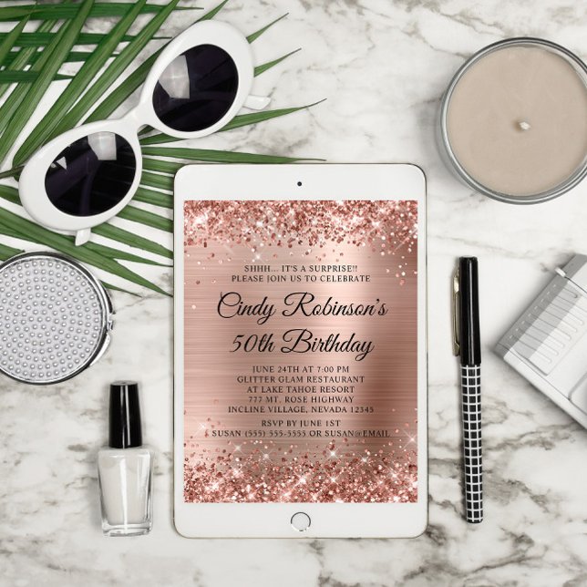 Glitter Ro guldblomma Surprise 50:e födelsedagen Inbjudningar (Surprise 50th Birthday Downloadable Invite)