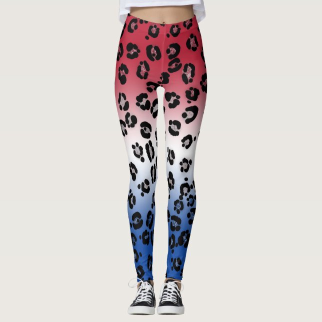 Glitter Röd Vit Blå Leopardtryck Leggings (Framsida)