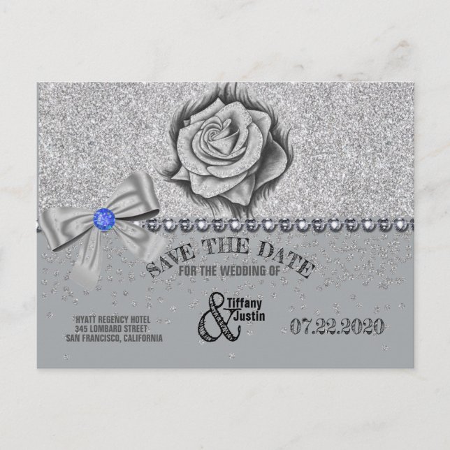 Glitter, Ros, Diamanter & Bow Save the Date-kort Meddelande Vykort (Framsida)