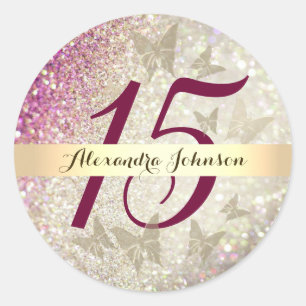Glitter Rosa 15-årsdag Runt Klistermärke