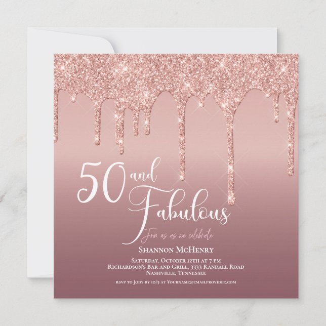 Glitter Rosa 50 och Fabulous Birthday-skript Inbjudningar (Framsida)