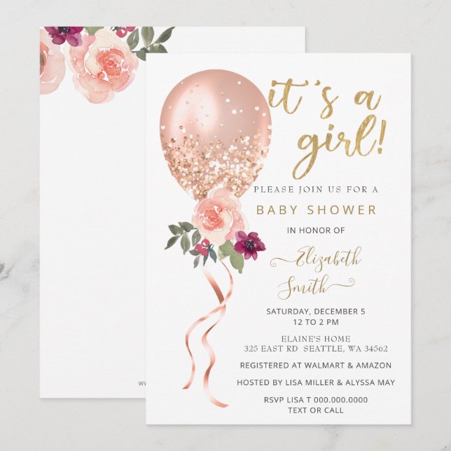 Glitter Rosa Blommigt Balloon Girl Baby Shower Inbjudningar (Fram/baksida)