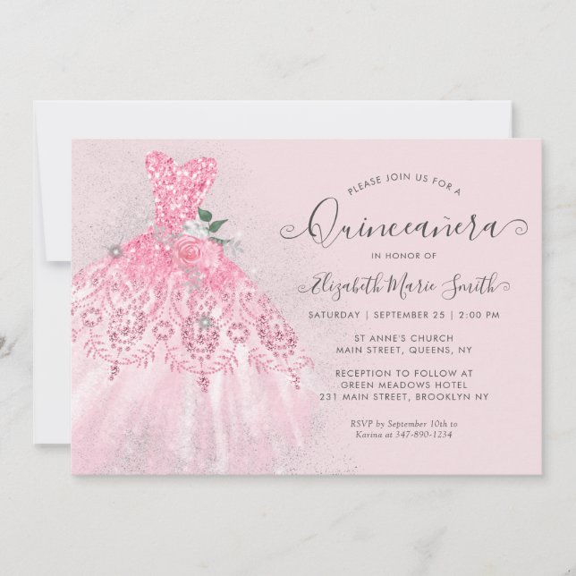 Glitter  Rosa Blommigt Silver Dress Quinceanera Inbjudningar (Framsida)