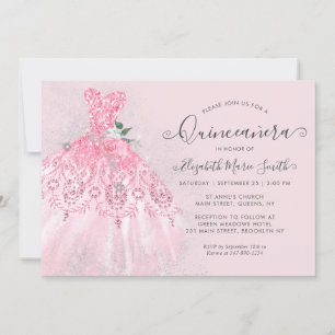 Glitter Rosa Blommigt Silver Dress Quinceanera Inbjudningar