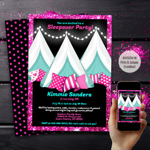 Glitter Rosa Blue Black Teepee Sleepover Birthday Inbjudningar