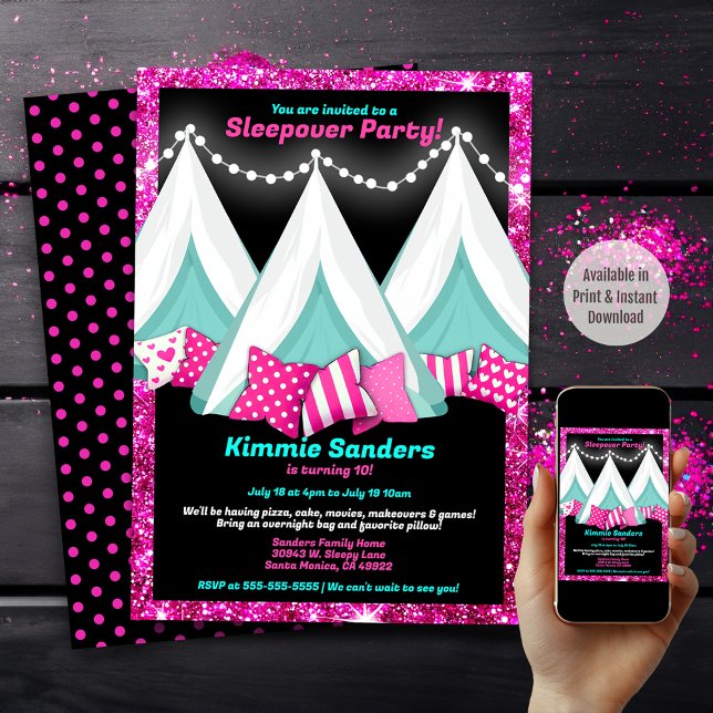 Glitter Rosa Blue Black Teepee Sleepover Birthday Inbjudningar (Available in Print and Instant Download)