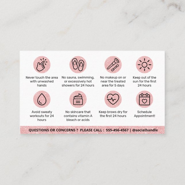 Glitter Rosa Brows Aftercare PMU Brow Instructions Visitkort (Baksida)