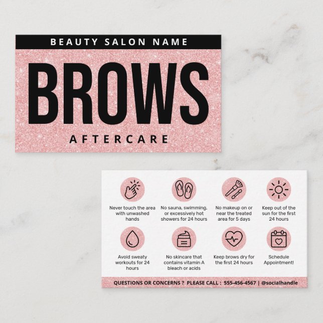 Glitter Rosa Brows Aftercare PMU Brow Instructions Visitkort (Fram/baksida)