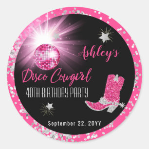 Glitter Rosa Disco Cowgirl 40:e födelsedagen Party Runt Klistermärke