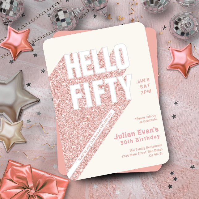 Glitter  Rosa Dold Typografi 50:e födelsedagen Inbjudningar (Glitter Blush Pink Bold Typography 50th Birthday Invitation)