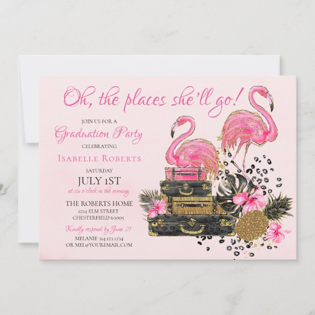 Glitter Rosa Flamingo Cheetah Studentfest Inbjudningar (Framsida)