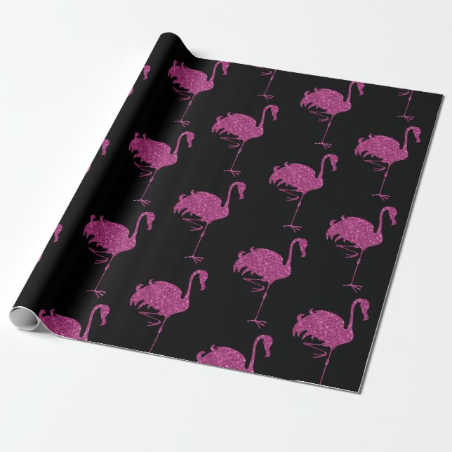 Glitter Rosa Flamingos Tilade Mönster på svart Presentpapper (Utrullad)