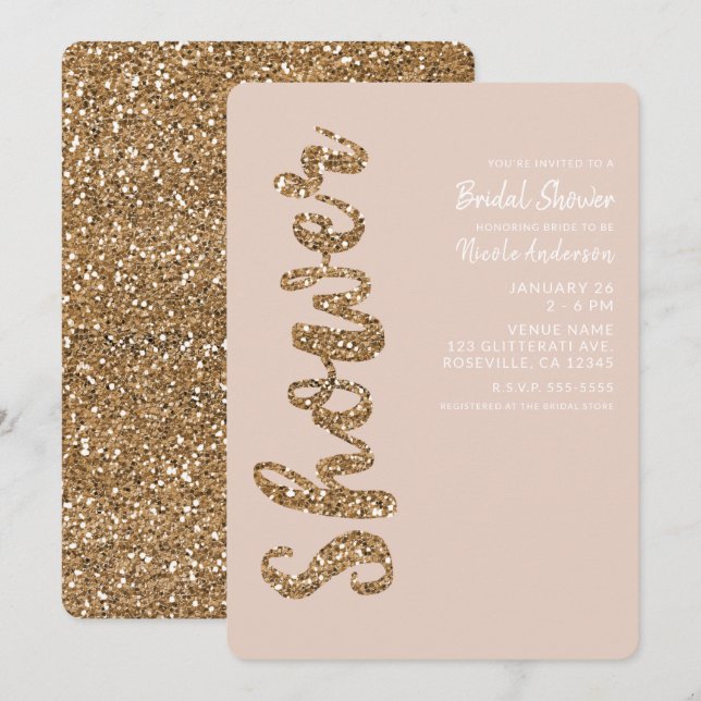 Glitter Rosa Guld Rodnad Glamour Bröllopsfest Inbjudningar (Fram/baksida)