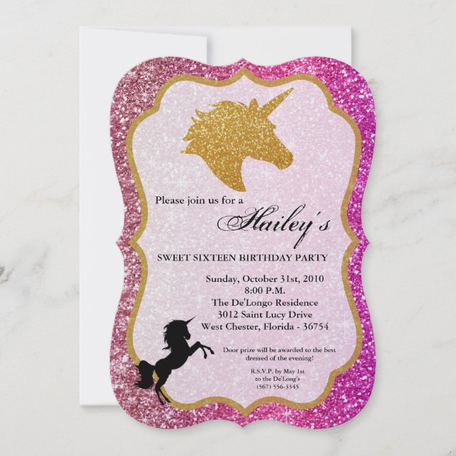 Glitter Rosa Guld Unicorn Sweet 16 Birthday Inbjud Inbjudningar (Framsida)