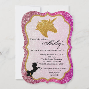 Glitter Rosa Guld Unicorn Sweet 16 Birthday Inbjud Inbjudningar