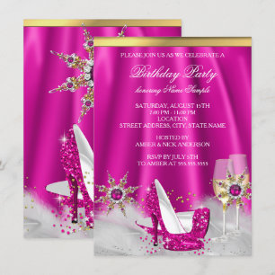 Glitter Rosa Höga Klackar Guld Champagne Party Inbjudningar