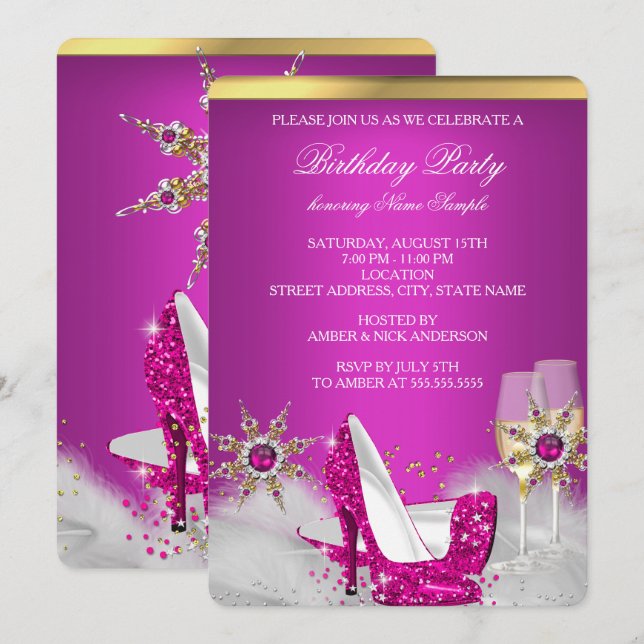 Glitter Rosa Höga Klackar Silver Guld Champagne 2 Inbjudningar (Fram/baksida)