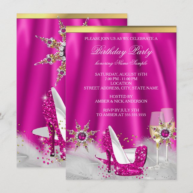 Glitter Rosa Högklackar Guld Champagne Party Inbjudningar (Fram/baksida)