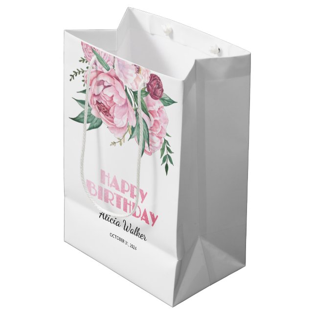 Glitter Rosa Peony Blommigt Greenery Birthday (Framsidan Vinklad)