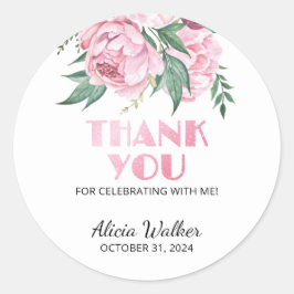 Glitter Rosa Peony Blommigt Greenery Birthday Runt Klistermärke