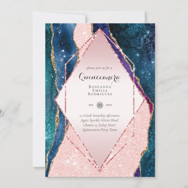 GLITTER ROSA QUINCEANERA - AGATE RO GULD INBJUDNINGAR (Framsida)
