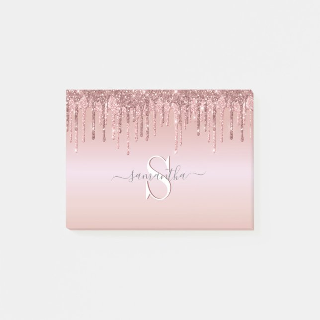 Glitter Rosa ros Guld Monogram Namn Post-it Block (Framsida)