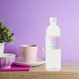 Glitter, rosa ros guld, regnbåge, namn vattenflaskor etikett