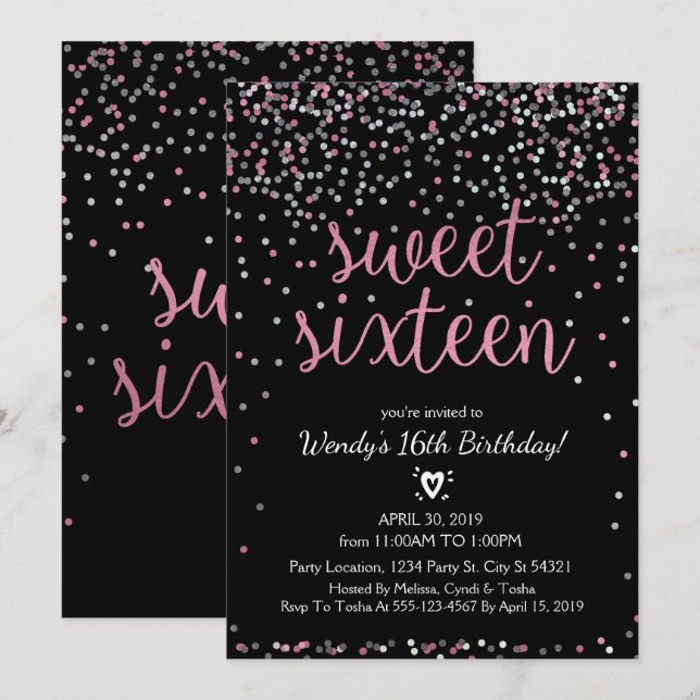 Glitter Rosa & Silver Sweet 16 födelsedagsinbjudan Inbjudningar (Fram/baksida)