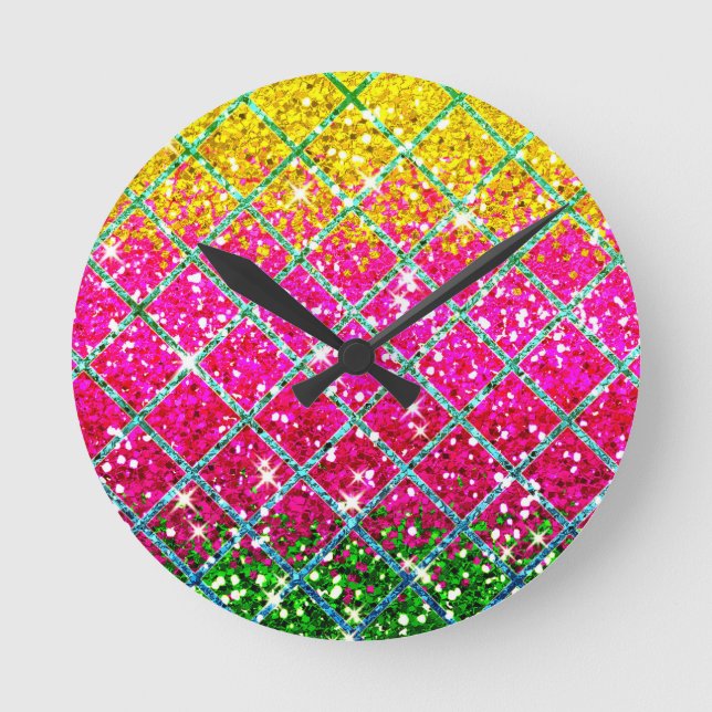 Glitter Rosa Snakeskin Rund Klocka (Framsida)