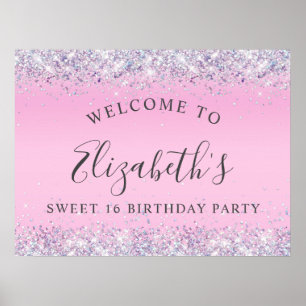 Glitter Rosa Sweet 16 Födelsedagsfester Välkommen Poster