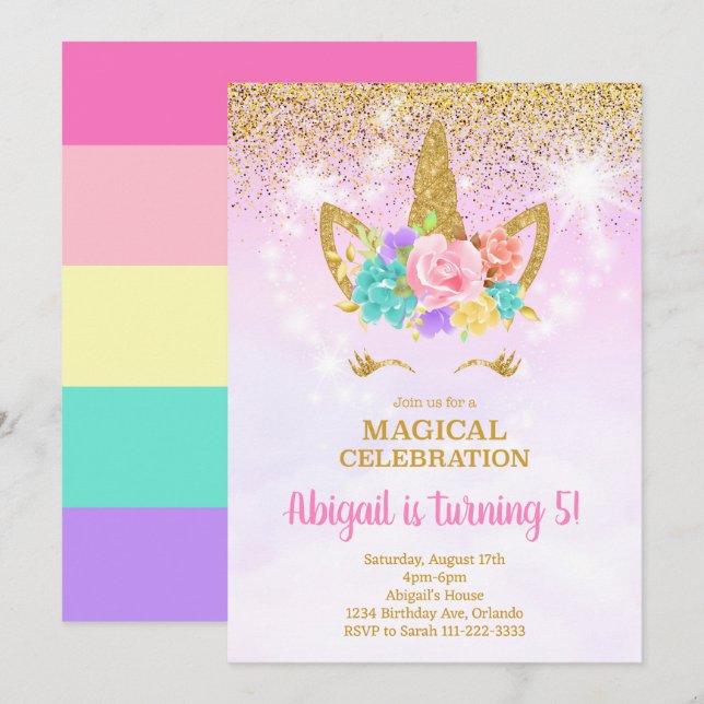 Glitter Rosa Unicorn Birthday bjudande Inbjudningar (Fram/baksida)