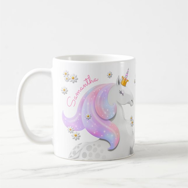 Glitter Rosa Unicorn Princess med Krona Daises Kaffemugg (Vänster)
