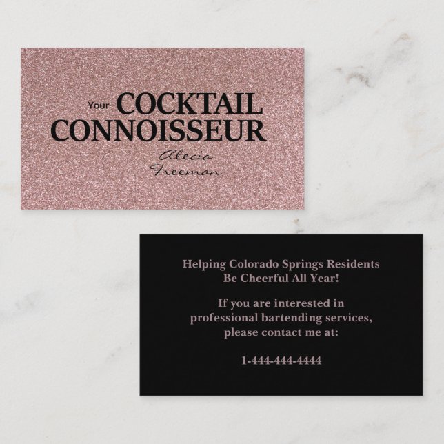 Glitter Rose Gold Bartender Event Business Card Visitkort (Fram/baksida)