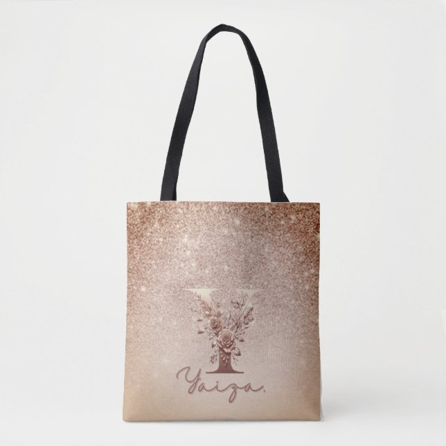 Glitter  Rose Gold Floral Letter Y Tote Tygkasse (Framsida)