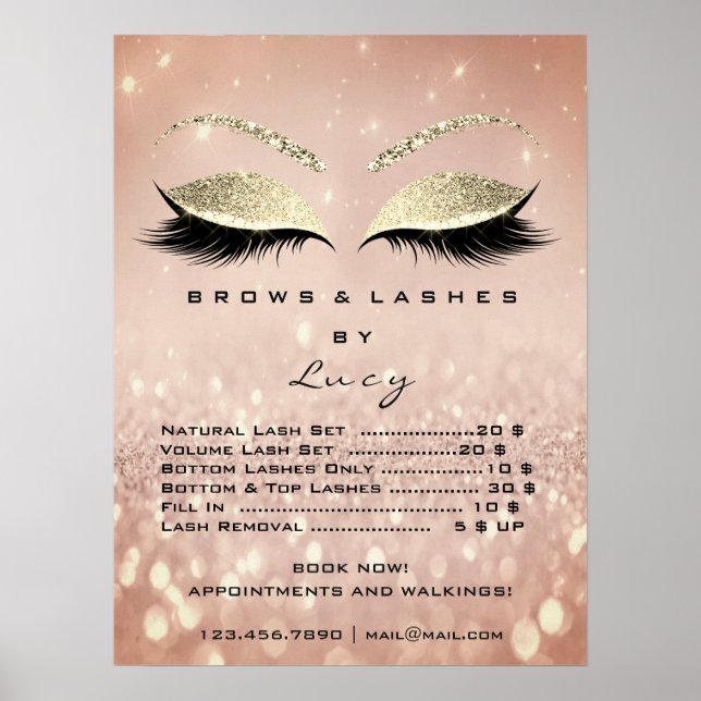 Glitter Rose Gold Smink Ögon Fransar Prislista Poster (Framsidan)