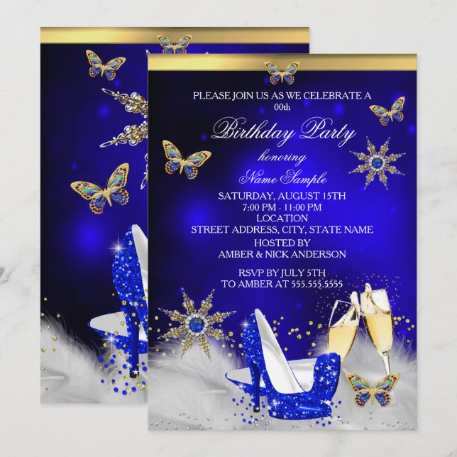 Glitter Royal Blue Butterfly Heels Guld Champagne Inbjudningar (Fram/baksida)