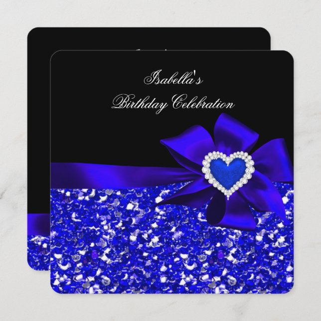 Glitter Royal Royal Blue Heart Bow Black Party Inbjudningar (Fram/baksida)