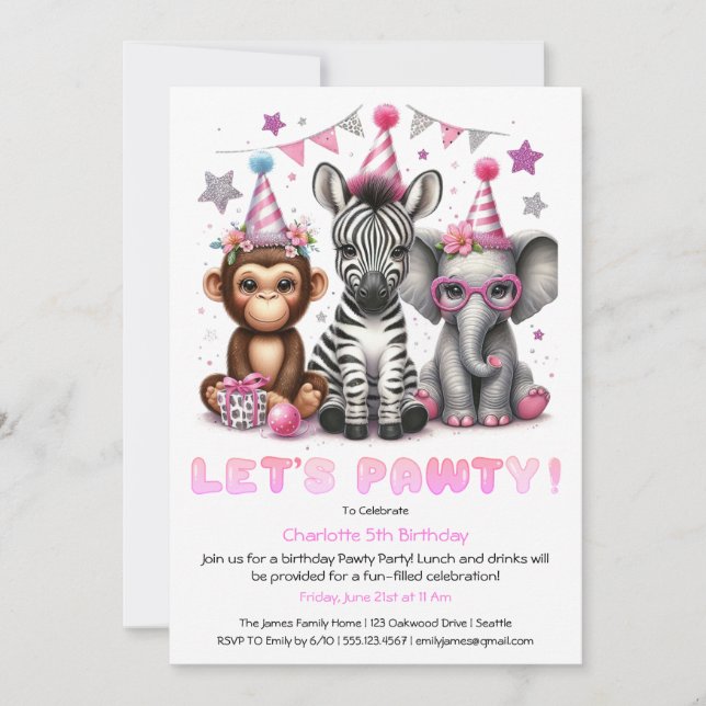 Glitter Safari Birthday Call Cute Monkey Inbjudningar (Framsida)