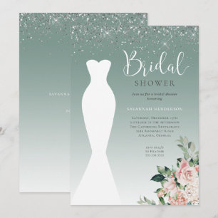 Glitter Sage Grönt Bröllop Dress Möhippa Inbjudningar