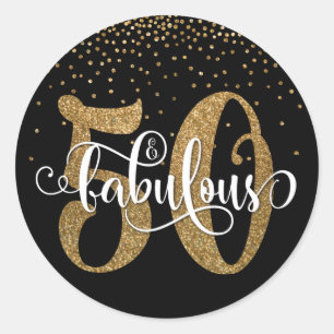 Glitter & Script 50 & Fabulous på Black, födelse Runt Klistermärke